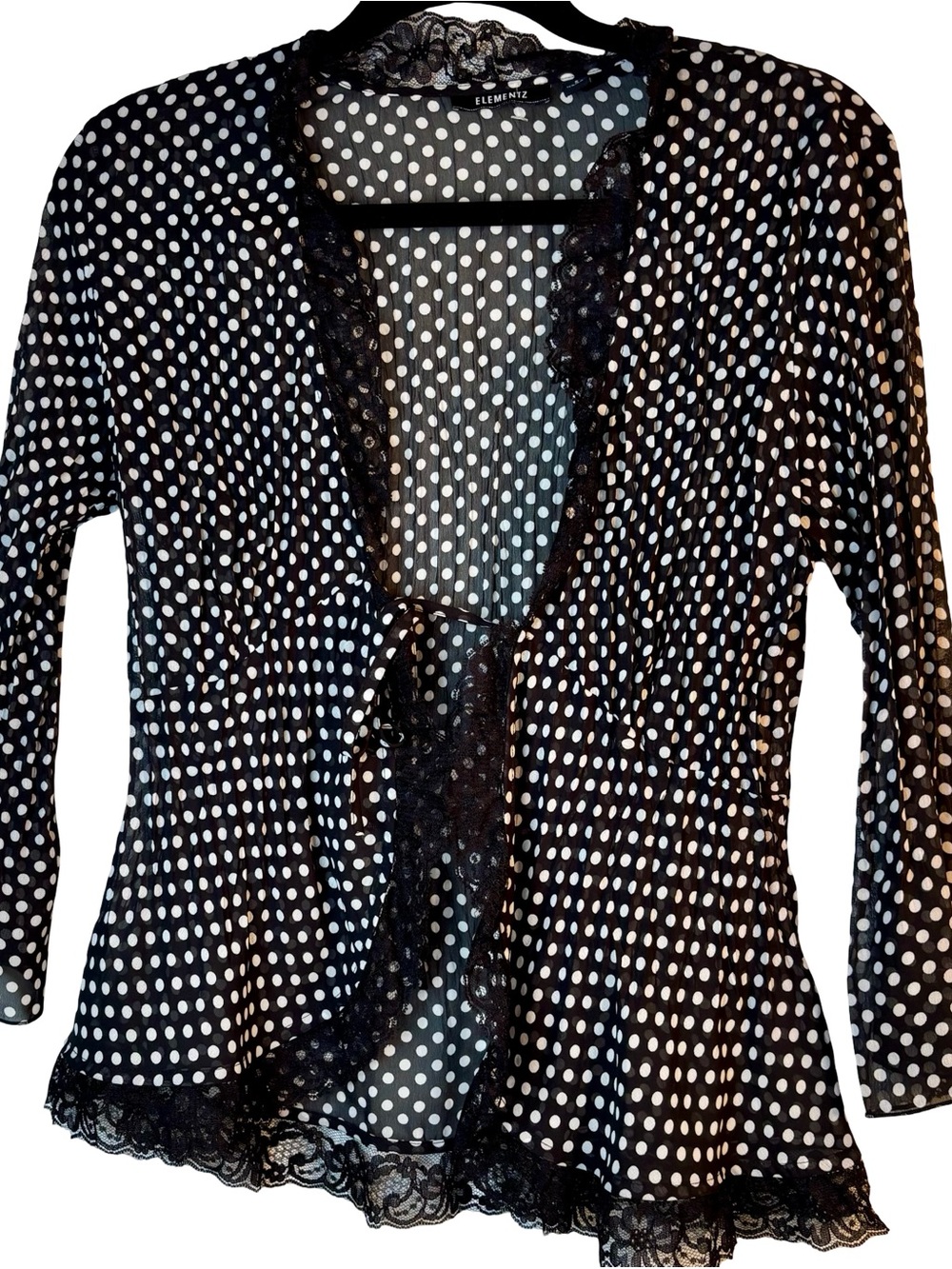 Elementz Black and White Polka Dot Lace-Trim Open Front Top